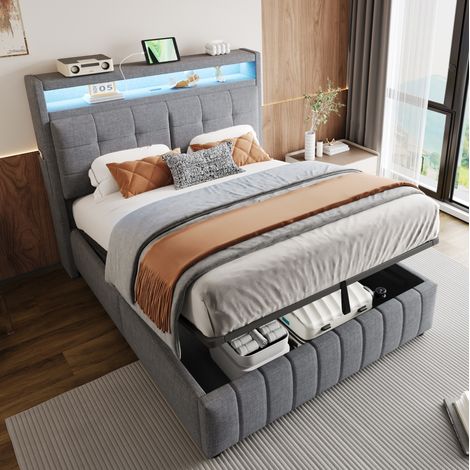 Cama tapizada 140x200 cm gris, estructura metálica con LED y almacenaje (1/5)