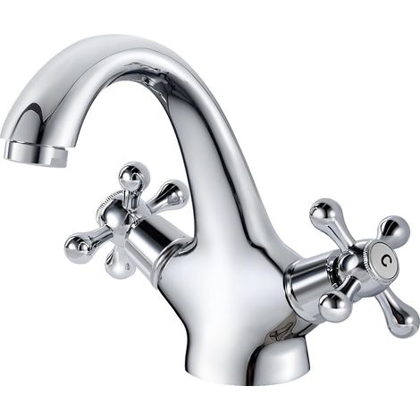 Retro-Waschtischarmatur, Zweigriff-Waschtischmischer, Badezimmerarmatur, Waschtischarmatur mit Warm- und Kaltwasseranschluss, Chrom (1/5)