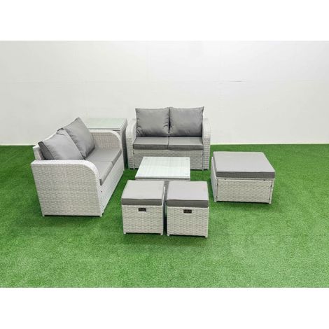 Fimous 7 Seater Outdoor Love Sofa Set Rattan Garden Furniture Set with Square Coffee Table 3 Footstool Side Table Light Grey (1/4)