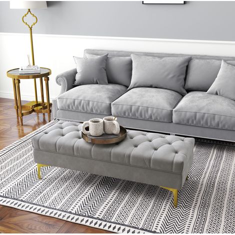 Banco tapizado (118x45x42 cm), asiento acolchado, patas metálicas, madera, gris claro (1/5)
