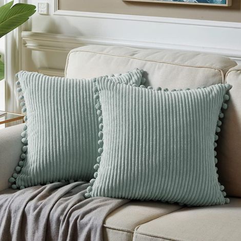 2 taies d'oreiller de canapé 45 x 45 cm, coussin élégant avec pompon, coussin de matelas décoratif, sans rembourrage (bleu clair)