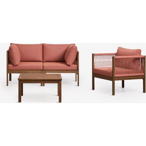 Set da soggiorno con divano modulare a 2 pezzi con braccioli, poltrona e tavolino in legno di acacia Branson SKLUM            