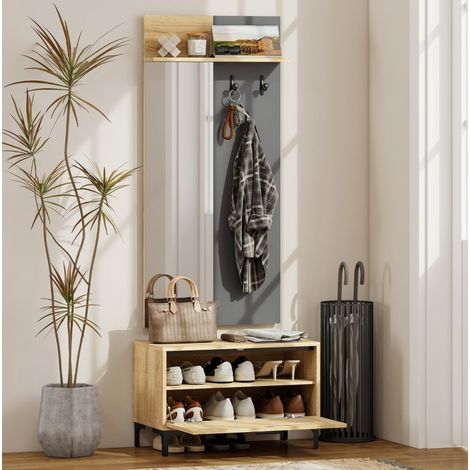 Garderobe 68x35x127,5 cm in Naturholz und Grau mit Spiegel und Schuhschrank, MDF MEUBLIV (1/5)