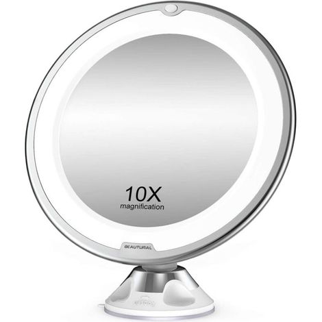 Grossissant Miroir Maquillage 10x avec Lumières LED 1 Joint à Bille d'attache Ajustable à 360° Miroir Cosmétique Portable, pour Salle de Bain, Voyage (1/5)