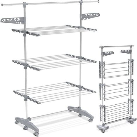 Séchoir à Linge Pliable avec roulettes Grande Capacité Etendoir en Acier Inoxydable Ailes Pliables sur 3 Niveaux 23m de Séchage pour Usage Intérieur/Extérieur (1/2)