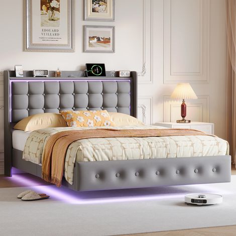 Lit Double 140x200cm, Lit Flottant avec LED & USB, Lit 2 Places avec Tête de Lit et Rangement, Sommier à Lattes, Lit, Velours, Gris