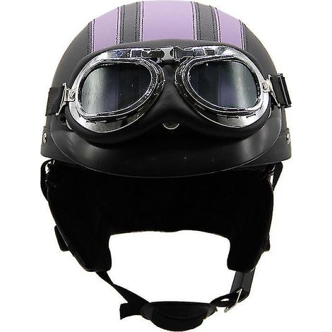 Casque de moto d'été léger en cuir style rétro Harley, avec lunettes de protection, demi-casque tendance, pour véhicules électriques, noir et violet. (1/3)