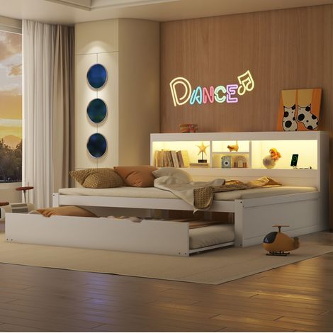 Sofá cama 140x200 cm en paneles de madera blanca, con LED y almacenamiento FloraGrace (1/5)