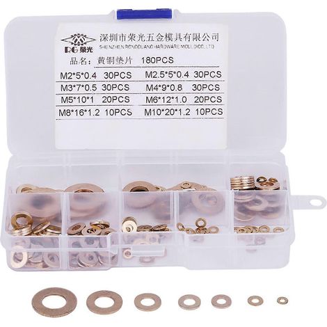 180-teiliges Sortiment an Messing-Flachscheiben mit Box M2/M2,5/M3/M4/M5/M6/M8/M10