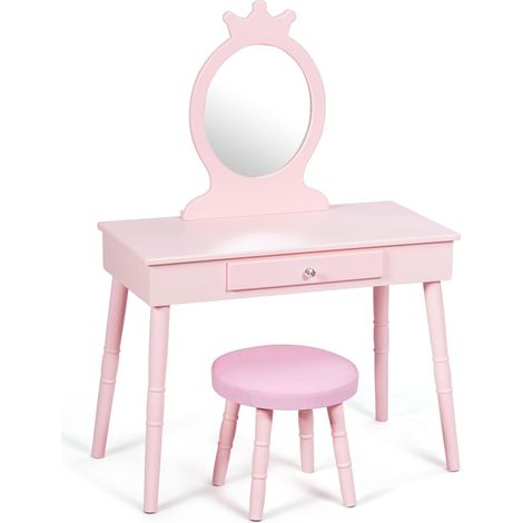 Coiffeuse et Bureau 2 en 1 pour Enfant avec Miroir Amovible et Tabouret, Rose (1/5)