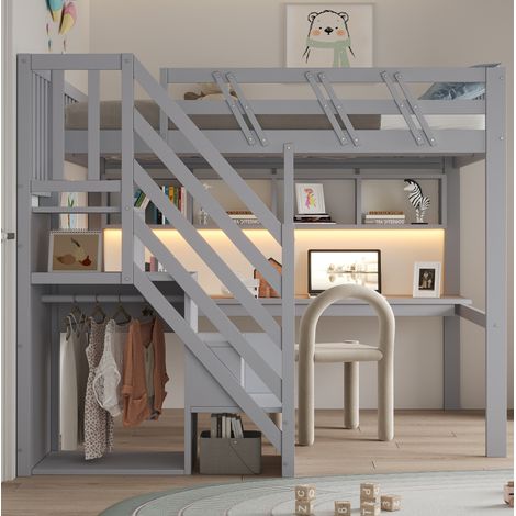 Letto a soppalco 140x200 grigio con scrivania, scale contenitore e LED OKWISH (1/5)
