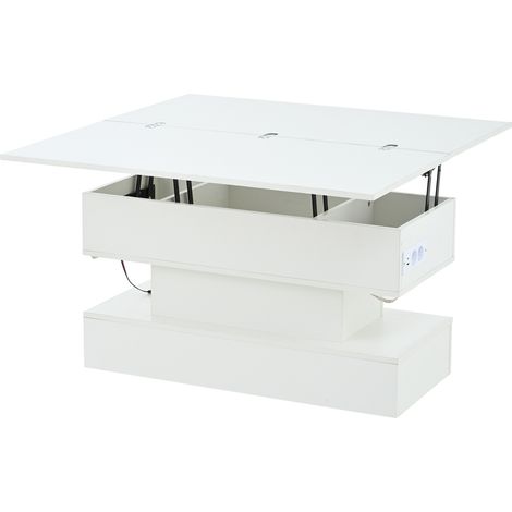 Table basse multifonctionnelle blanche 100x50x51,5 cm avec LED, prise secteur, USB-C, plateaux relevables et rangement (1/5)