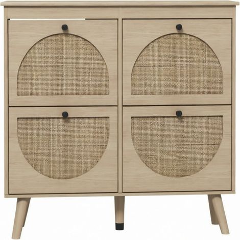Zapatero compacto de 4 cajones abatibles en madera natural y ratán 105 x 24 x 97,5 cm HOMVRA (1/4)