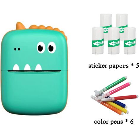 Imprimante portable miniature Petit Dinosaure Verte + 5 rouleaux d'autocollants + Stylos de couleur (1/2)