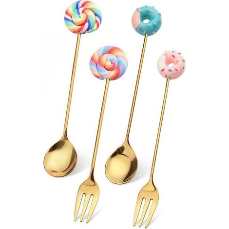 Juego de cubiertos de 4 piezas: cuchara，cucharas largas para bebidas，cuchara para remover donuts，color dorado (1/3)