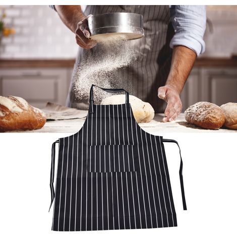 Tablier de cuisine et de pâtisserie, bavoir de cuisine, tablier rayé, barbecue, pâtisserie, style restaurant, avec poches, rayures noires et blanches. (1/5)