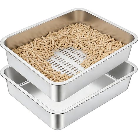 Stainless Steel Cat Litter Tray, Open the Litter Tray for Large Cats, Kittens and Rabbits, XXL Cat Litter, Toilet Houses for Cats, Anti-Odour, 50 x 35 x 15 cm (1/5)