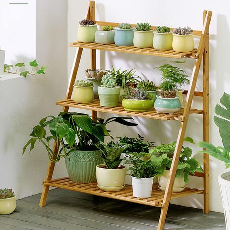 Scaffale Portafiori a 3 Ripiani Fioriera Porta Piante e Vasi da Esterno e Interno a Scala in bambu Pieghevole Balcone Soggiorno 70cm