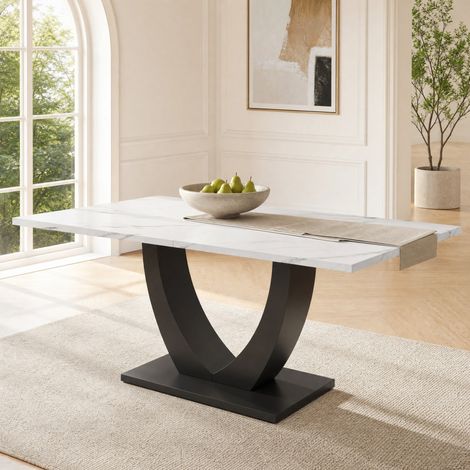 CHICFURN Mesa de comedor rectangular 140x75 cm MDF blanco y negro efecto mármol patas ajustables (1/5)