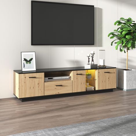 Mobile TV con un cassetto, tre ante, due vani a giorno con mobile TV in vetro, mobile porta TV, credenza bassa TV struttura pregiata. Colori nero e legno naturale. 15 luci LED variabili. OKWISH (1/5)