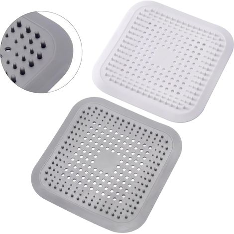 2Pcs Silicone Attrape Cheveux Douche avec Ventouse, Protection de Drain Filtre Evier, pour Salle de Bain, Baignoire, Cuisine (Blanc + Gris) (1/5)