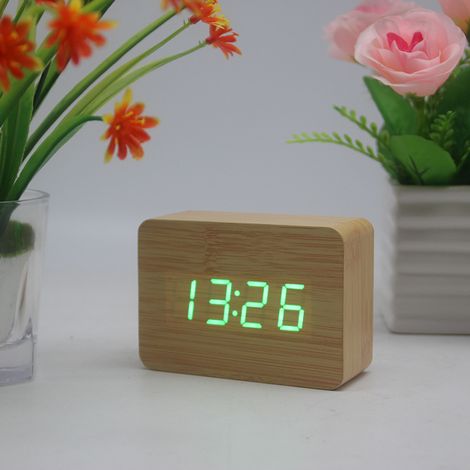 MINKUROW Orologio Da Scrivania Ora/Data/Temperatura Sveglia Marrone Ecopelle Rosso Led Bambù Verde Lettera (1/5)