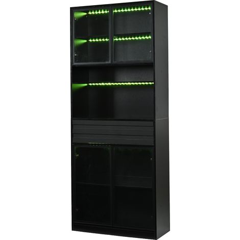 Vitrine haute 80 x 35 x 200 cm en MDF noir avec 4 portes vitrées, 1 tiroir et LED RGB (1/5)
