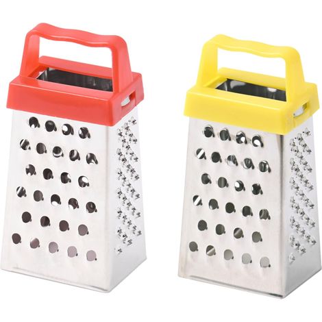 Lot de 2 mini râpes carrées, mini râpes fromage, râpes multifonctions 4 grilles pour chocolat, citron, gingembre, muscade, inox, poignée plastique couleurs assorties, 2,5x7,5cm hauteur (1/5)