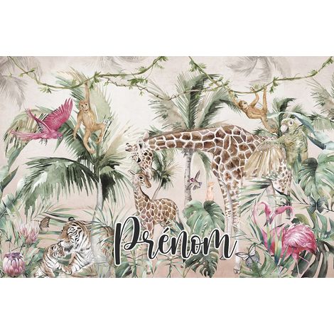Papier peint panoramique enfant avec prénom personnalisable - Animaux de la Jungle - 130 cm x 86 cm (1/2)