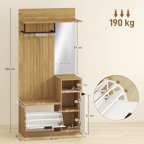 Étagère d'entrée (avec tringle), 4 crochets, étagère à chaussures et banc-armoire, chêne et blanc (1/5)