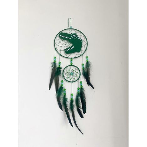 Attrape-rêves artisanal enfant dinosaure  Capteur de rêves avec plumes, perles et cerceaux métalliques pour chambre garçon (1/5)