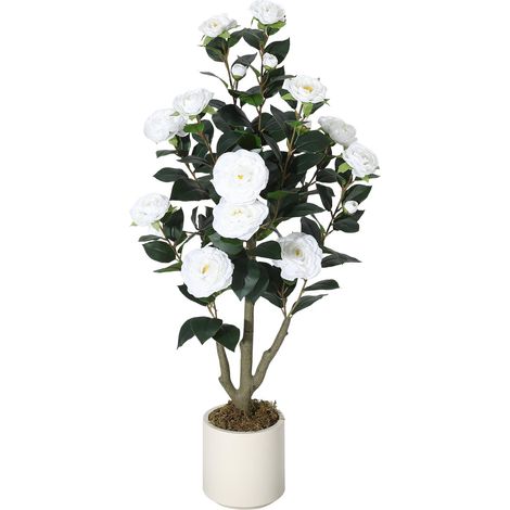 Arbre Camélia Artificiel Réaliste – Plante Décorative en Soie avec Fleurs Blanches, Parfait pour Salon, Bureau, Terrasse, Usage Intérieur/Extensionérieur, Sans Entretien – 3FT (1/5)