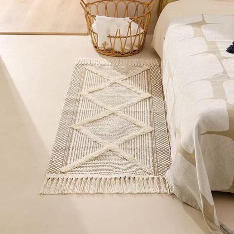 Tapis en Coton touffeté - Lavable - Rétro - Tapis de Couloir - avec Pompons - Marocain - Boho - pour Salon, Chambre à Coucher, Porte d'entrée (Marron Clair, 130 x 60 cm (Rectangulaire)) (1/4)