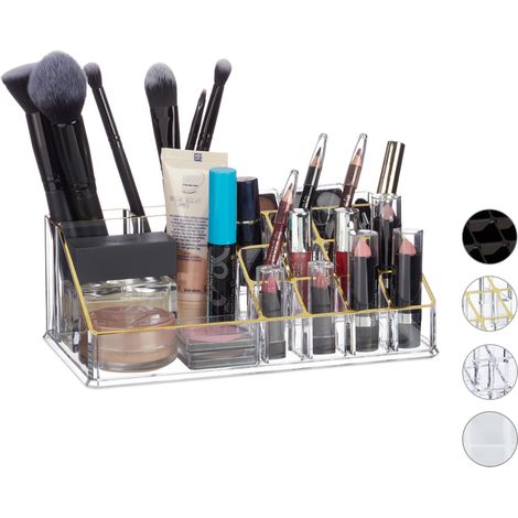 Relaxdays Kosmetik-Organizer Acryl, Make Up Organizer mit 16 Fächern für Schminke & Lippenstift-Halter, transparent/gold