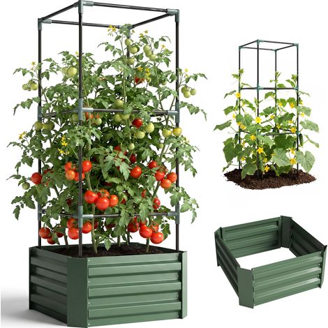 Jardinière surélevée avec treillis, bac à plantes grimpantes, fond ouvert, résistant aux intempéries, 61 cm x 61 cm x 140 cm, vert (1/5)