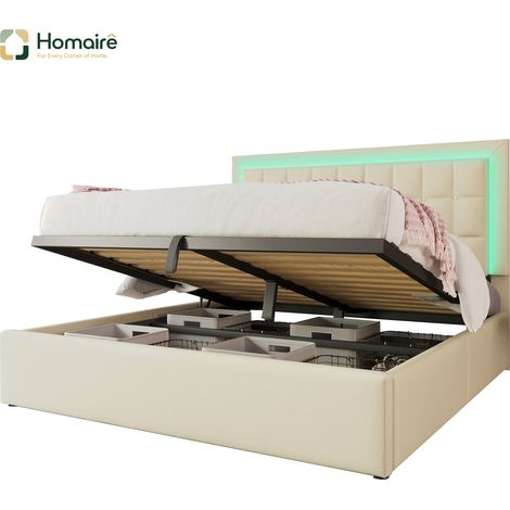 Cadre de lit blanc avec rangement en cuir 213 x 186 x 105 cm HOMAIRE (1/5)