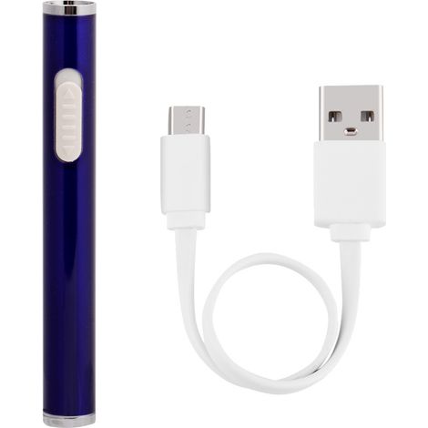 Briquet mini USB coupe-vent avec voyant lumineux et câble bleu.