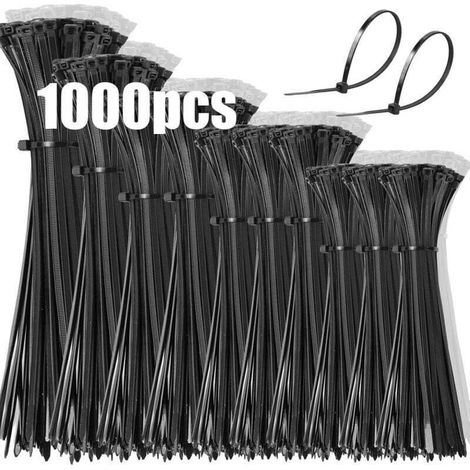 1000 colliers de serrage en plastique, plastique professionnel, Rislan 100/150/200/250/300 mm de long, résistants aux UV, pour la gestion de différents câbles, noirs (1/4)