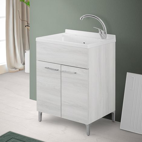 Mobile lavatoio 60x60 cm 2 ante rovere bianco con vasca in resina, asse lavapanni e kit di scarico