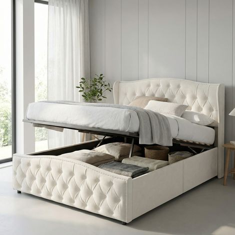 Letto contenitore 140x200 con rete a doghe, letto matrimoniale imbottito trapuntato con sistema idraulico, letto per adulti con borchie decorative, velluto, stile moderno, Beige