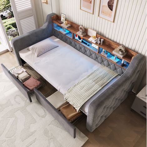 Lit rembourré avec rangement 90x190 cm gris foncé avec LED, USB et Type-C (1/5)