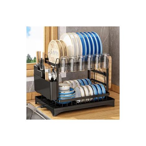 2 Schicht Geschirr Abtropfgestell,Küche Geschirr Ablauf Rack,Geschirrschale Drainer Storage Rack, Küchenorganisator,42x29x29 cm,Schwarz (1/5)