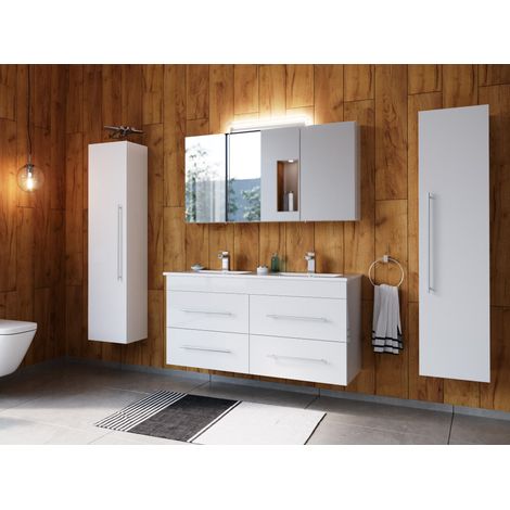 Badmöbelset Helios 4-teilig Spiegelschrank 2x Hochschrank weiss hochglanz (1/5)