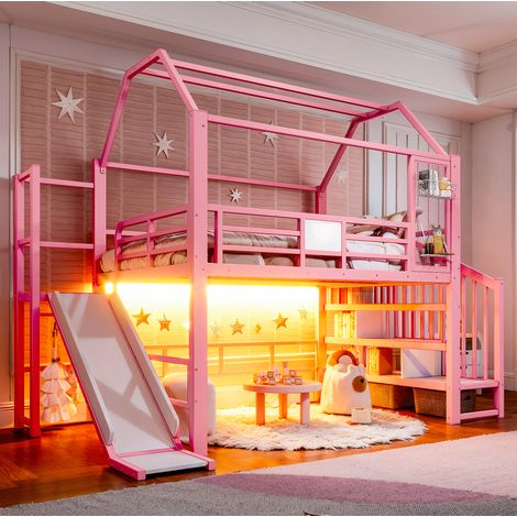 Letto a soppalco per bambini 140x200 cm rosa in metallo e MDF con scivolo, scala contenitore e LED Bluetooth (1/5)