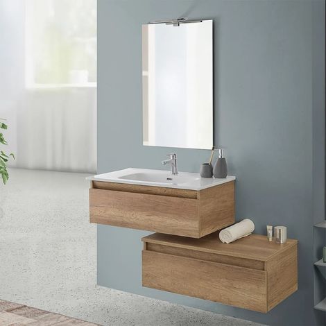 Mobile bagno sospeso 80 rovere naturale con base lavabo e cassetto Nadia (1/5)
