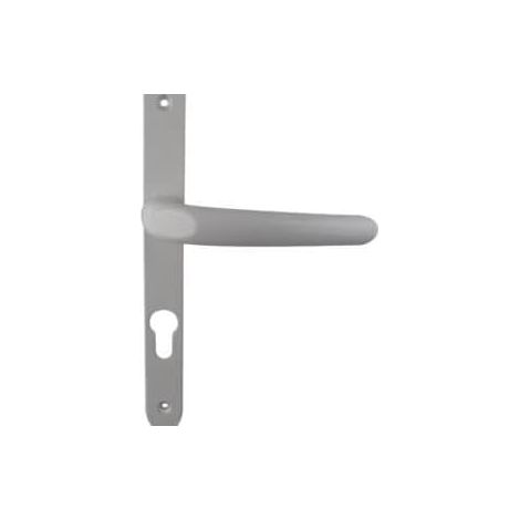 1 Poignée de porte fenêtre, aluminium blanc, saillie réduite, plaque étroite 24mm, entraxe 195mm, pour épaisseur 60-80mm