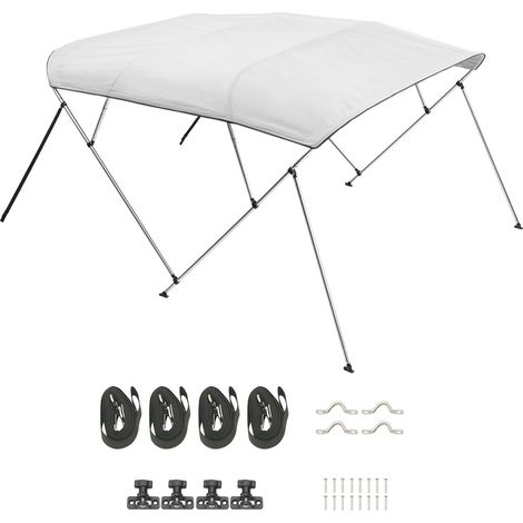 Capote de Bimini pour bateau 4 arcs, toile polyester 600D imperméable, armature alliage aluminium, voile d'ombrage, sac rangement, 2 mâts, 4 sangles, 244x(201-213)x137 cm, gris clair (1/5)