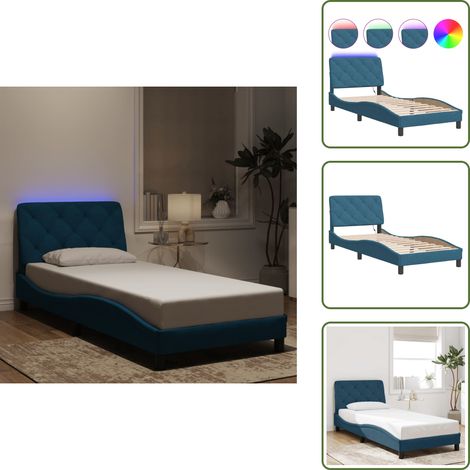 Bettgestell mit LED-Leuchten Blau 90x200 cm Samt - Samtsofa - Bettrahmen Blau - Doppelbett - Boxspringbett - Kinderzimmerbetten (1/5)