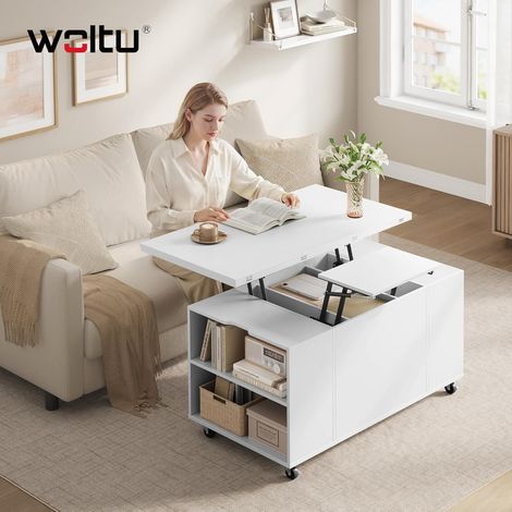 WOLTU Mesa de centro doble elevable, moderna, con cajón, espacio de almacenamiento y ruedas, para sofá de sala, blanco