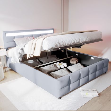 Lit coffre 180x200cm - lit double avec sommier à lattes et tête de lit LED - tissu velours hollandais gris (1/5)